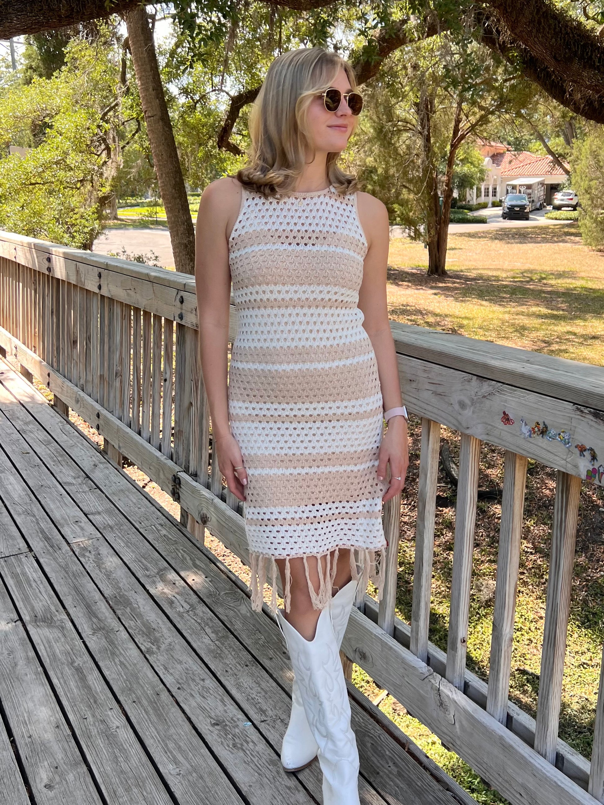 Alix Striped Crochet Fringe Dress in Taupe & White