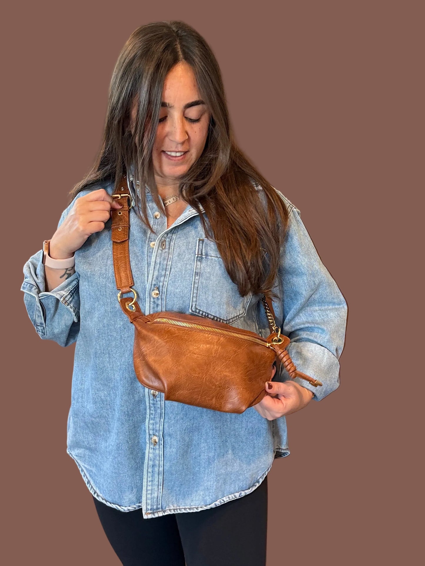 Mae Convertible Chain Sling Bag in Cognac Brown