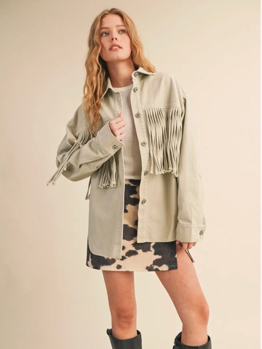 Asher Oversized Fringe Denim Jacket in Sand