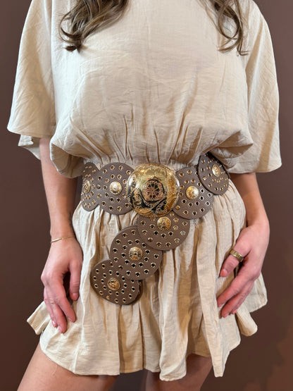 Ezra Large Disc Leather Grommet Belt in Brown & Gold