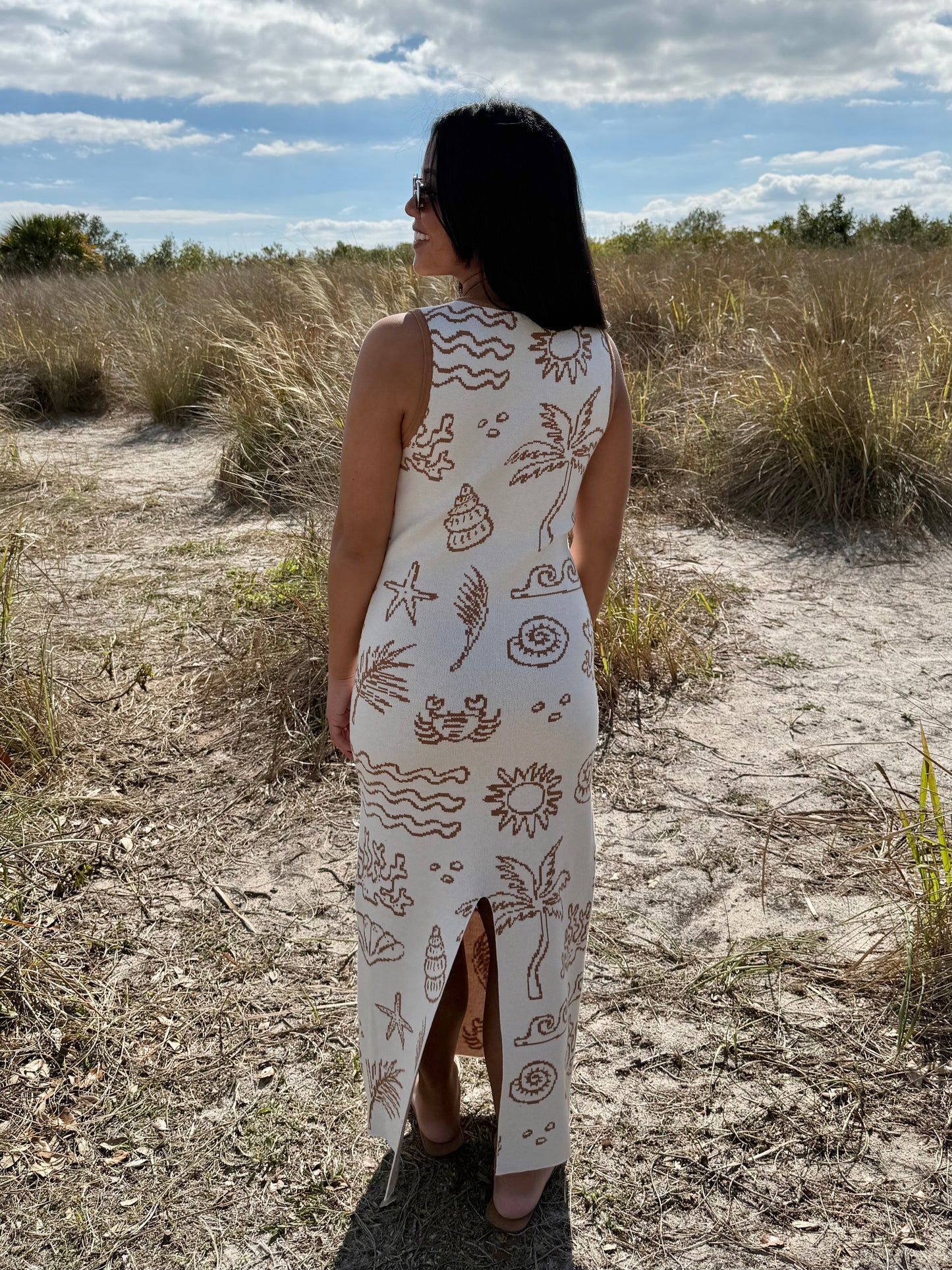 Sunshine Nautical Printed Midi Knit Dress in White