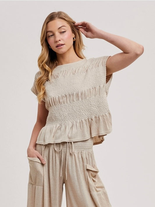 Willa Relaxed Smocked Top in Beige