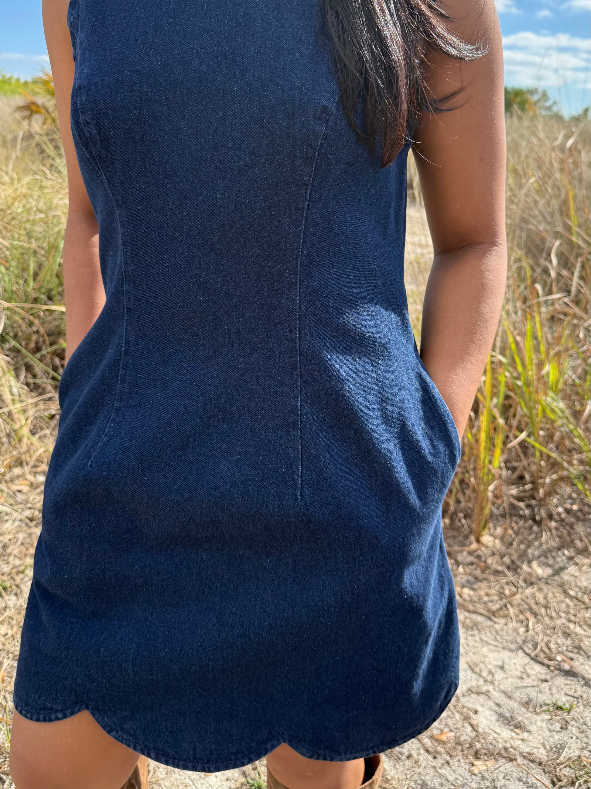 Marley Sleeveless Scalloped Mini Dress in Dark Denim