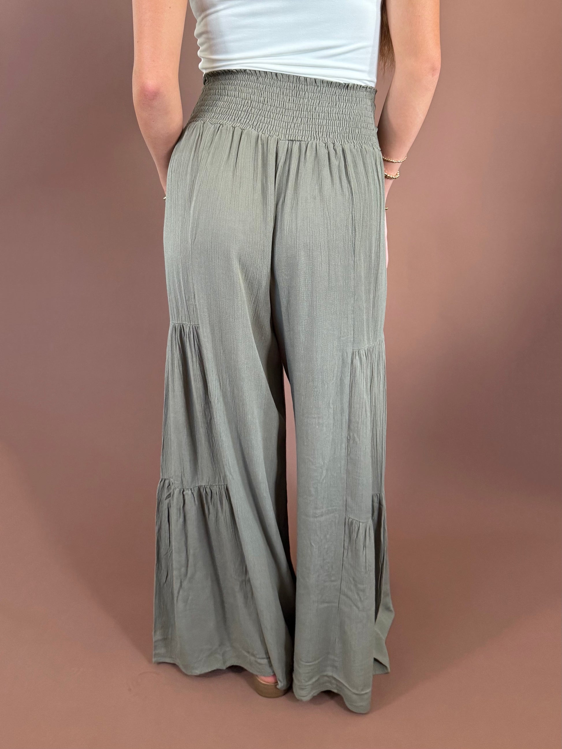 Delaney Front Tie Wide Leg Tiered Pants in Olive