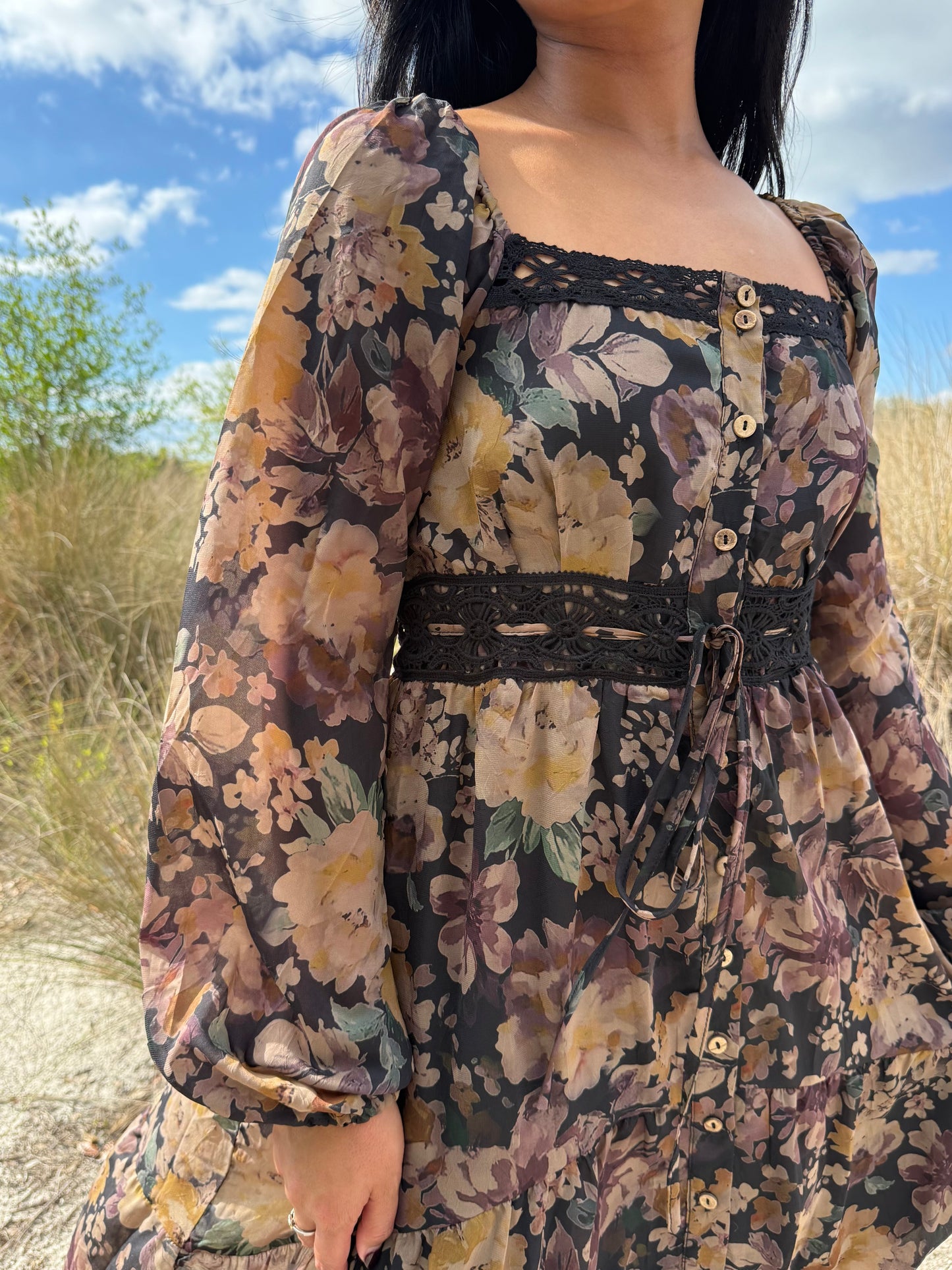 Ophelia Floral Lace Long Sleeve Maxi Dress in Brown