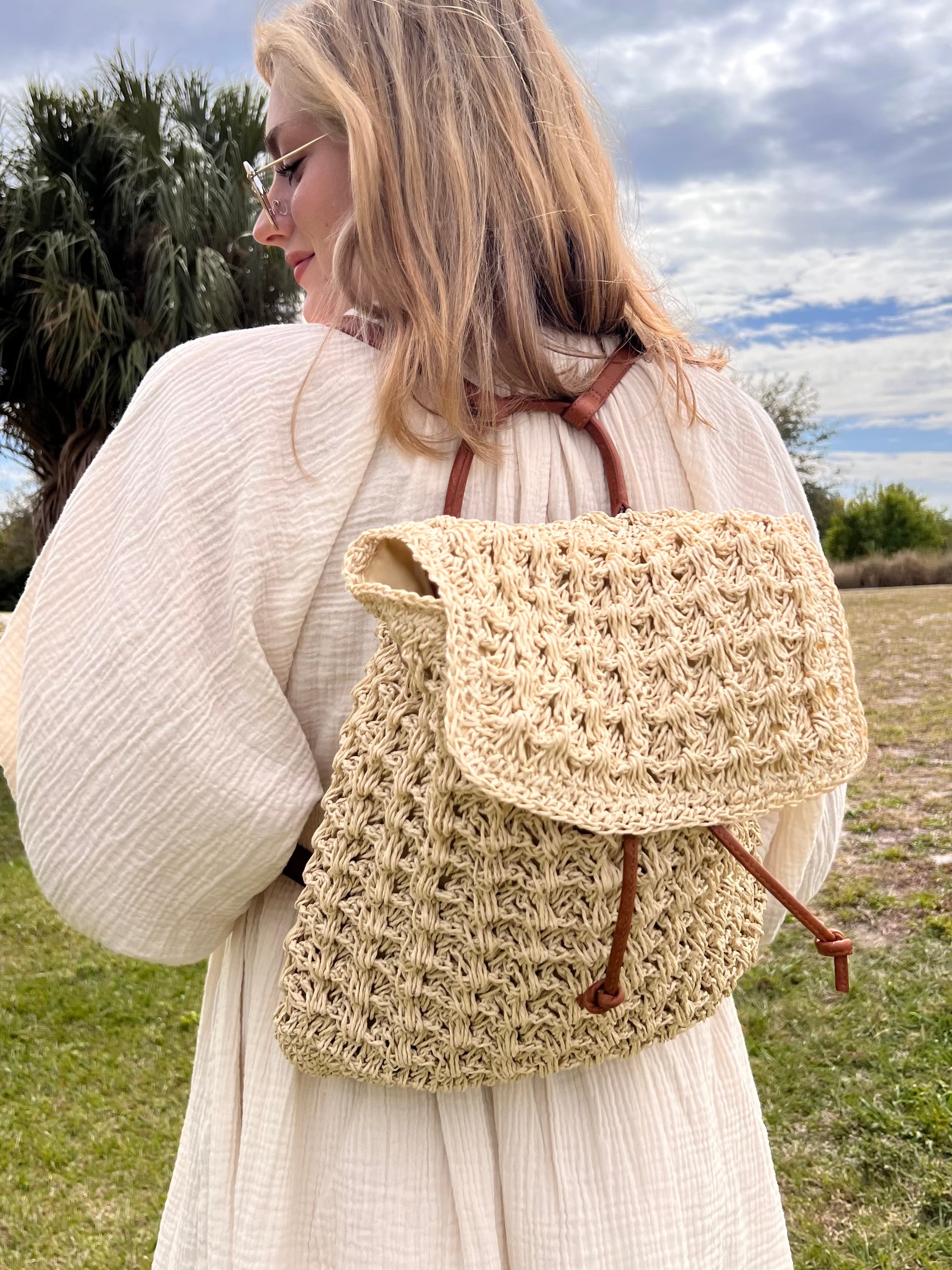 Kaia Ivory Straw Braided Backpack