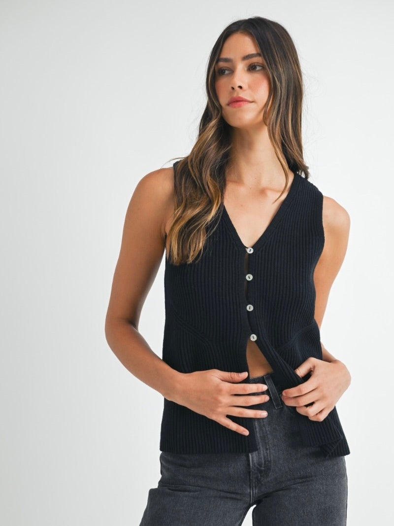 Miles Sleeveless Side Slit Sweater Vest in Black