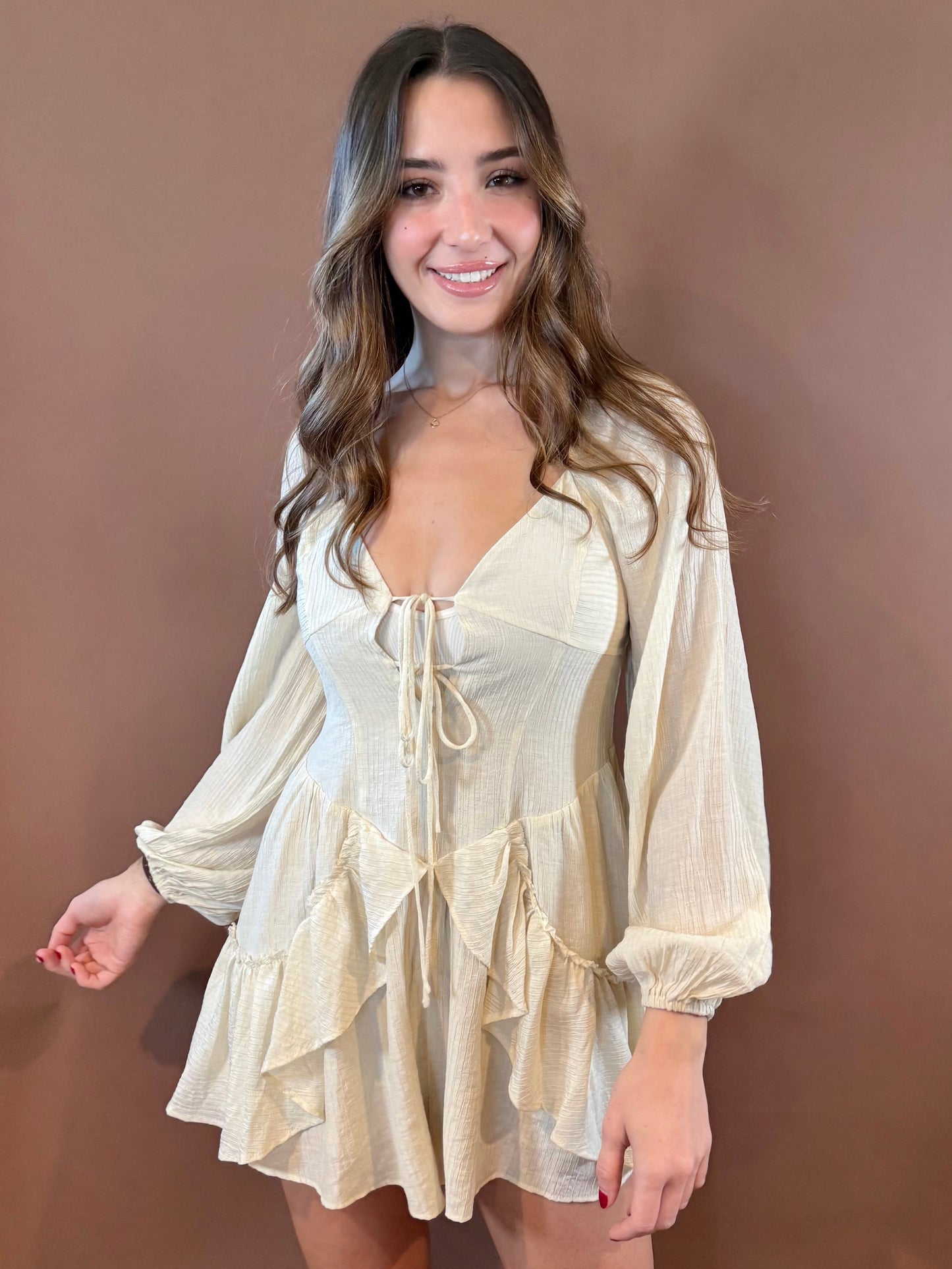 Gemma Long Sleeve Peasant Ruffle Romper in Oatmeal