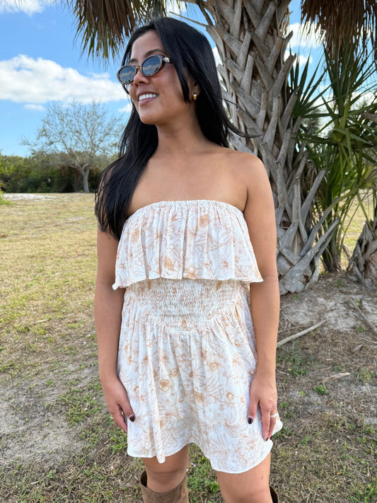 Delilah Floral Strapless Romper in Ivory & Rust