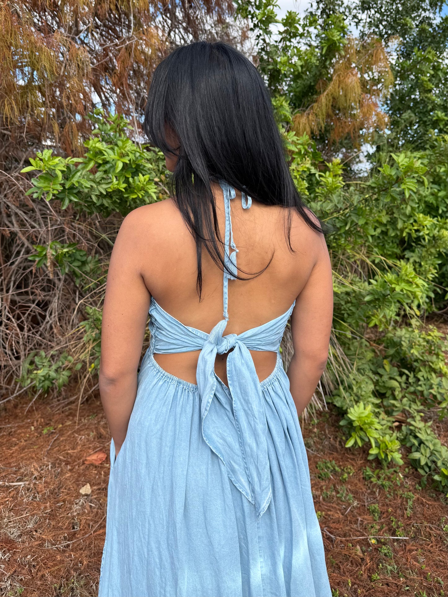 Savannah Halter Neck Open Back Flowy Maxi Dress in Denim