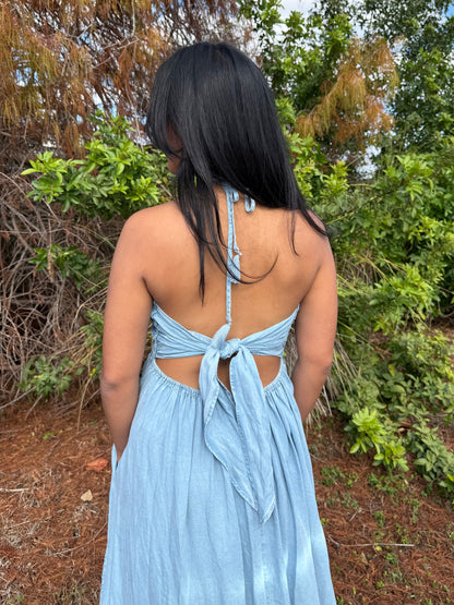 Savannah Halter Neck Open Back Flowy Maxi Dress in Denim