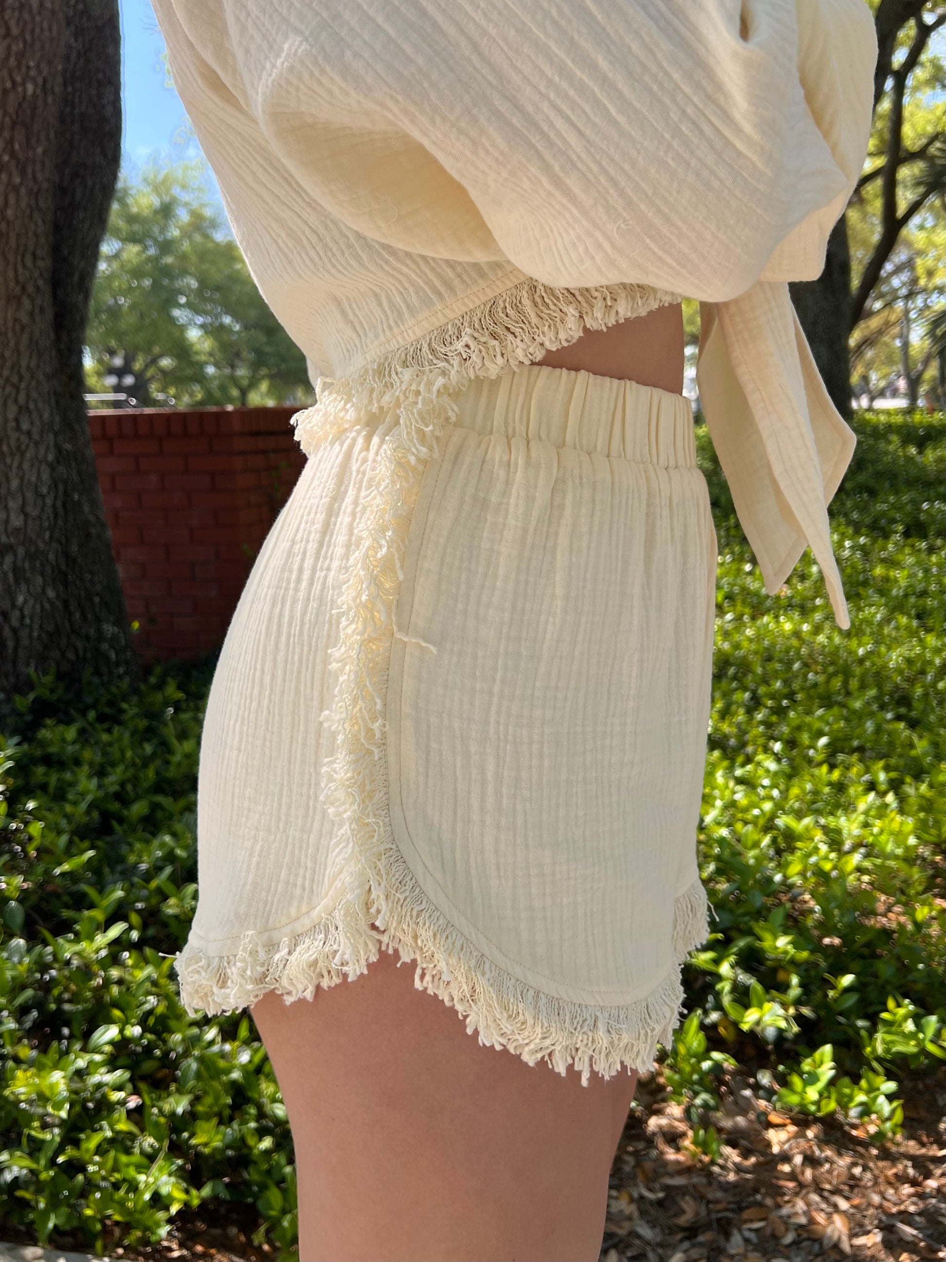 Sierra Cream Colored Shorts with fringe detail
