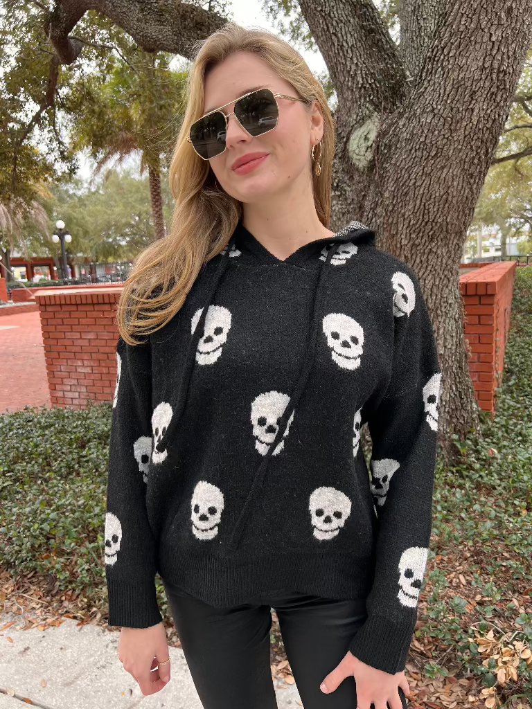 Pirate Black Sweater Hoodie with White Skulls