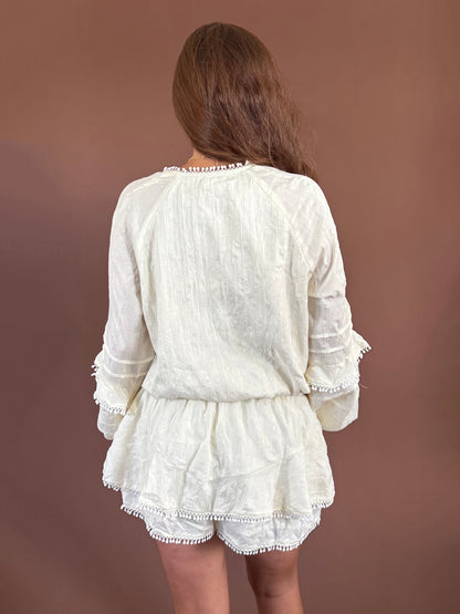 Aurora Long Sleeve Smocked Ruffle Romper in Ivory