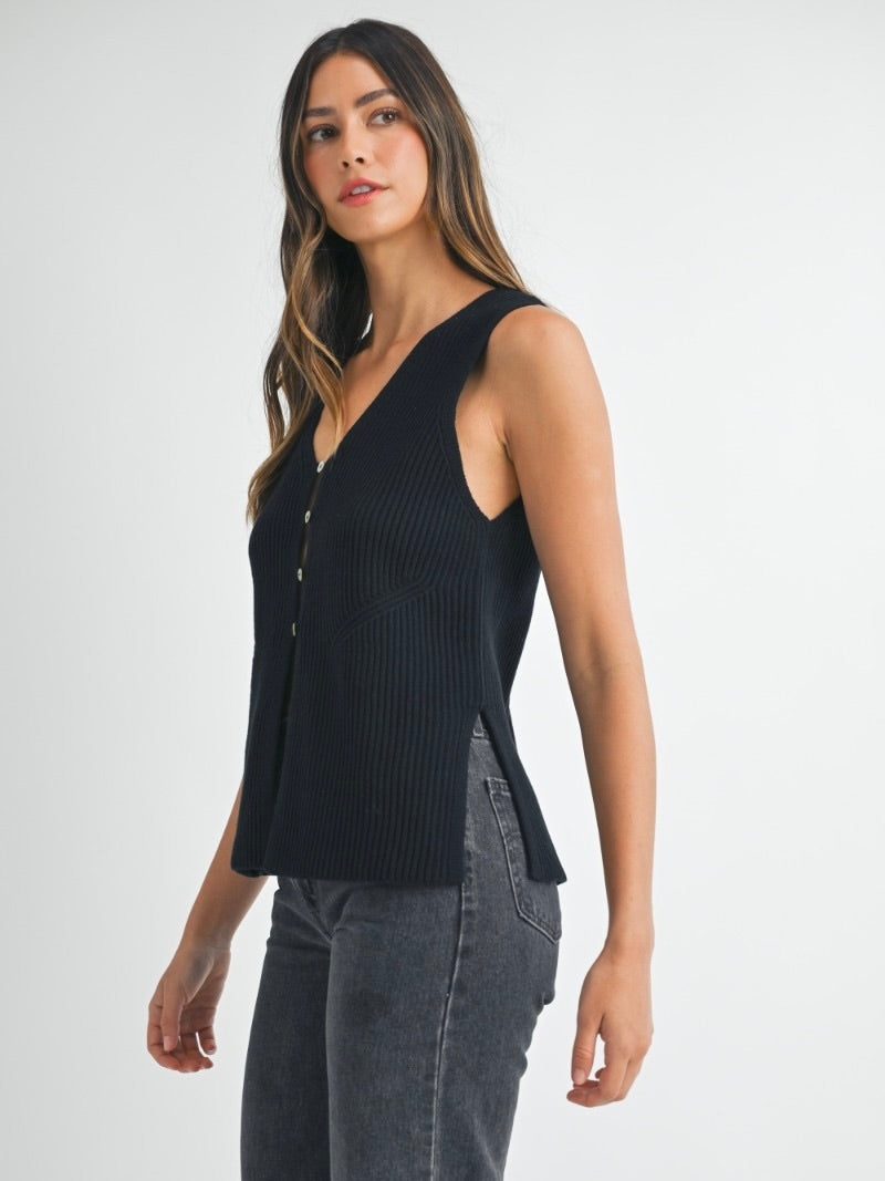 Miles Sleeveless Side Slit Sweater Vest in Black