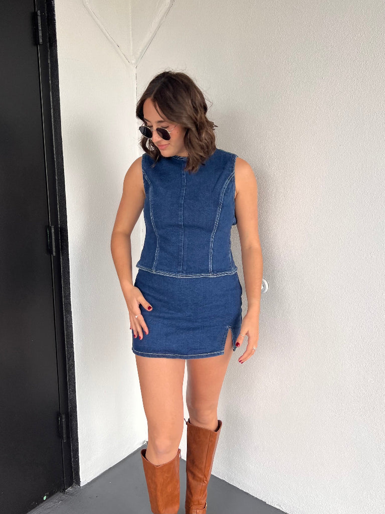 MADDEN OPEN BACK TIE TOP IN DENIM