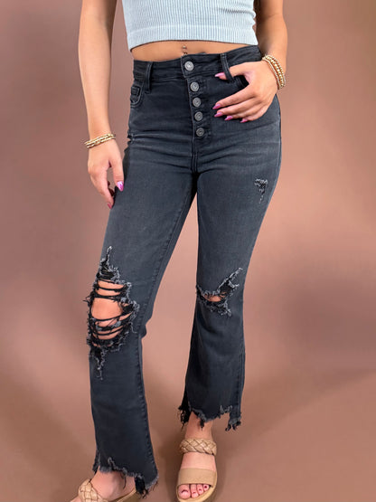 Dylan Distressed High Rise Denim in Washed Black