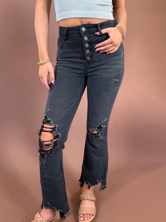 Dylan Distressed High Rise Denim in Washed Black