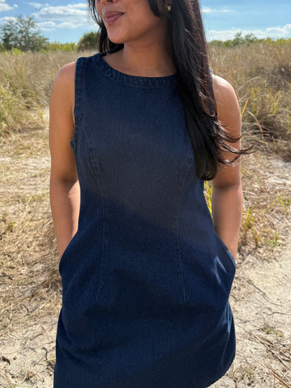 Marley Sleeveless Scalloped Mini Dress in Dark Denim