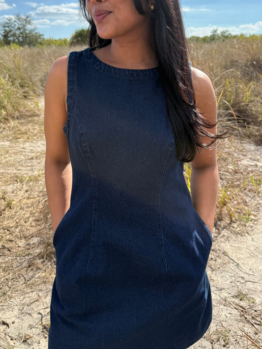 Marley Sleeveless Scalloped Mini Dress in Dark Denim