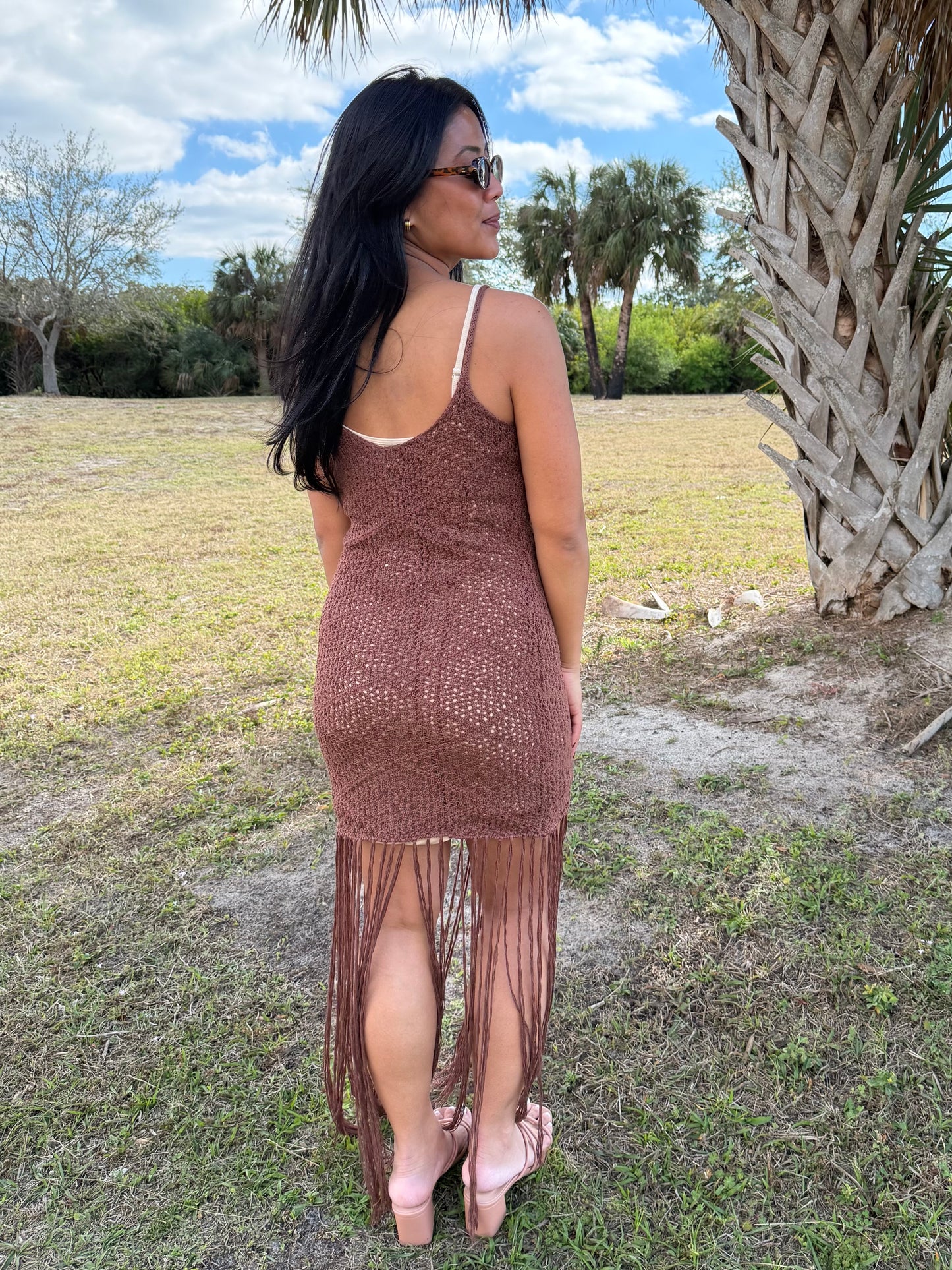 Sloane Fringe Knit Dress in Chocolate Brown