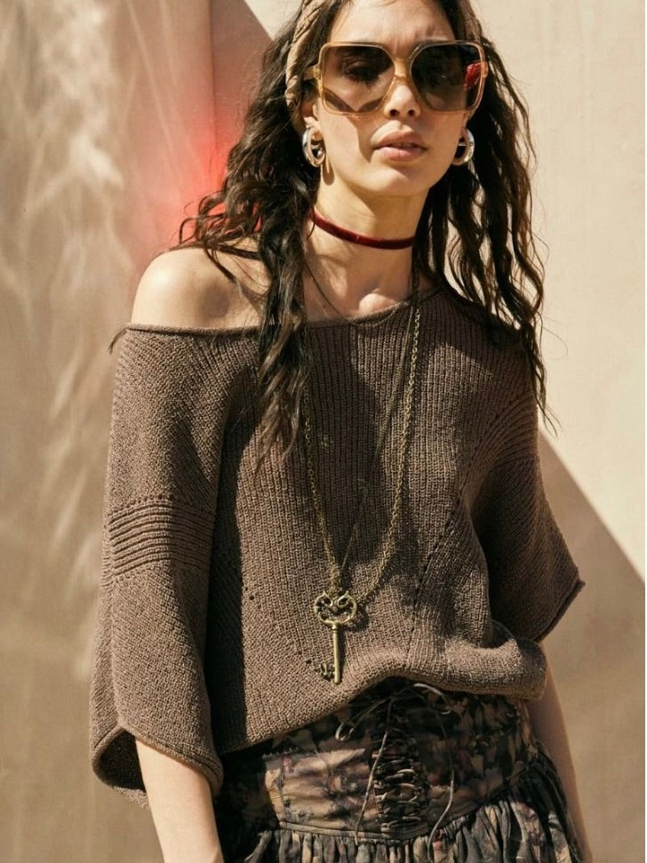 Romy Short Sleeve Sweater in Espresso Brown