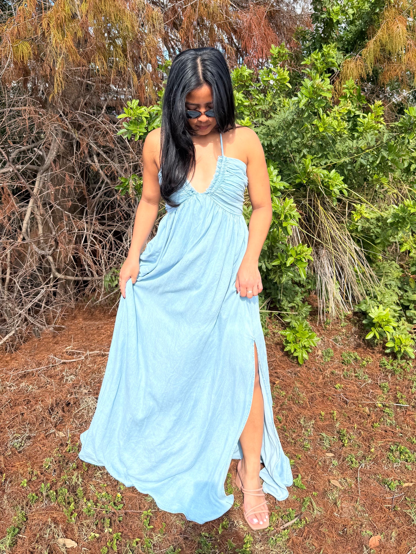 Savannah Halter Neck Open Back Flowy Maxi Dress in Denim