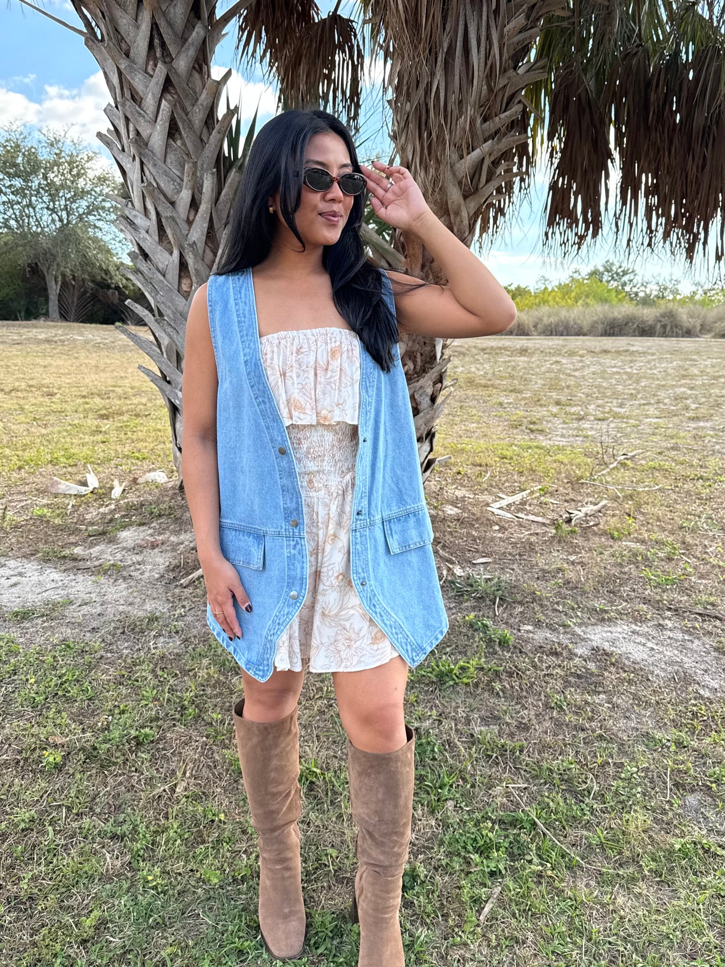 Delilah Floral Strapless Romper in Ivory & Rust - Wyatt Vest in Denim