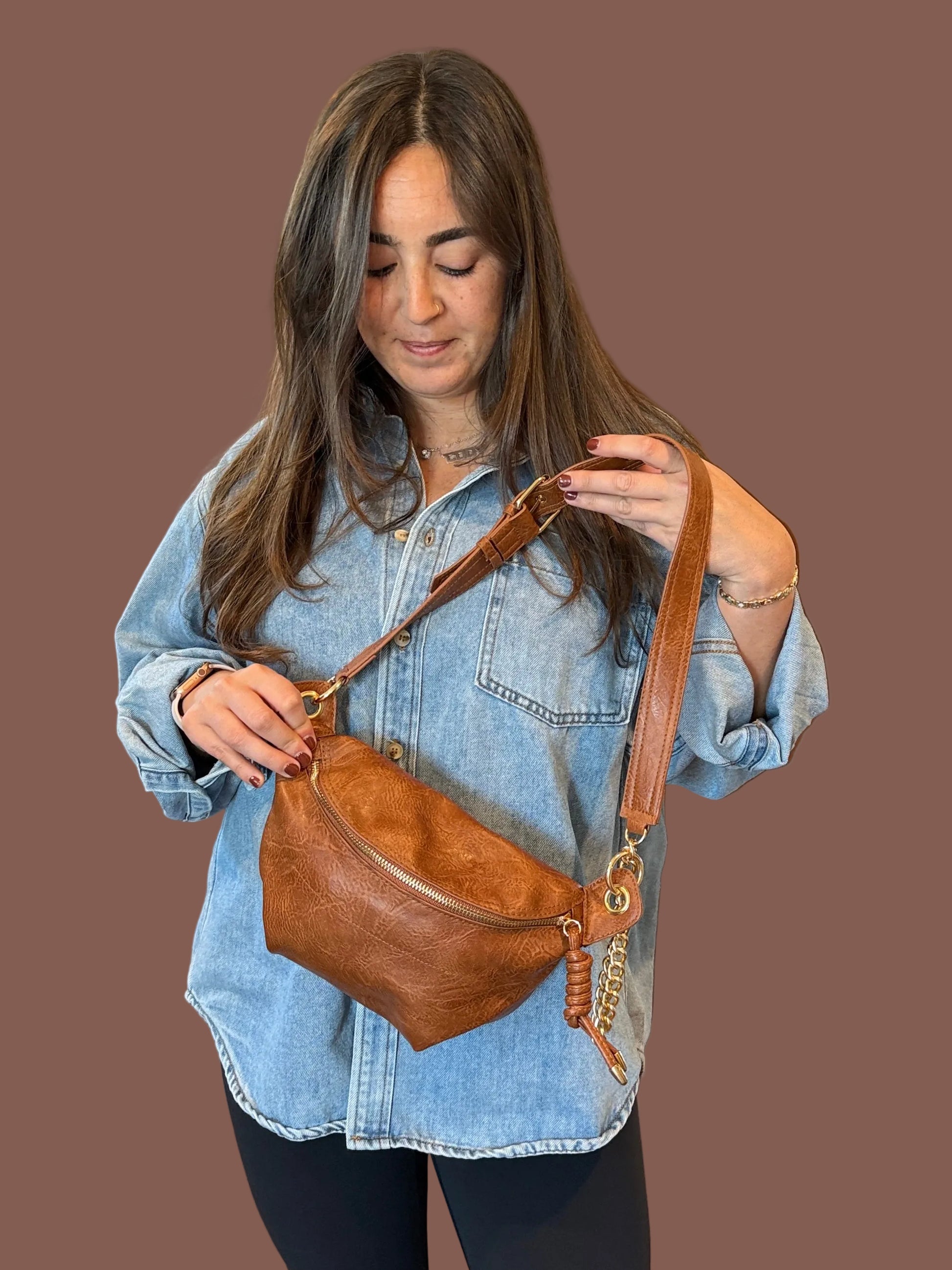 Mae Convertible Chain Sling Bag in Cognac Brown