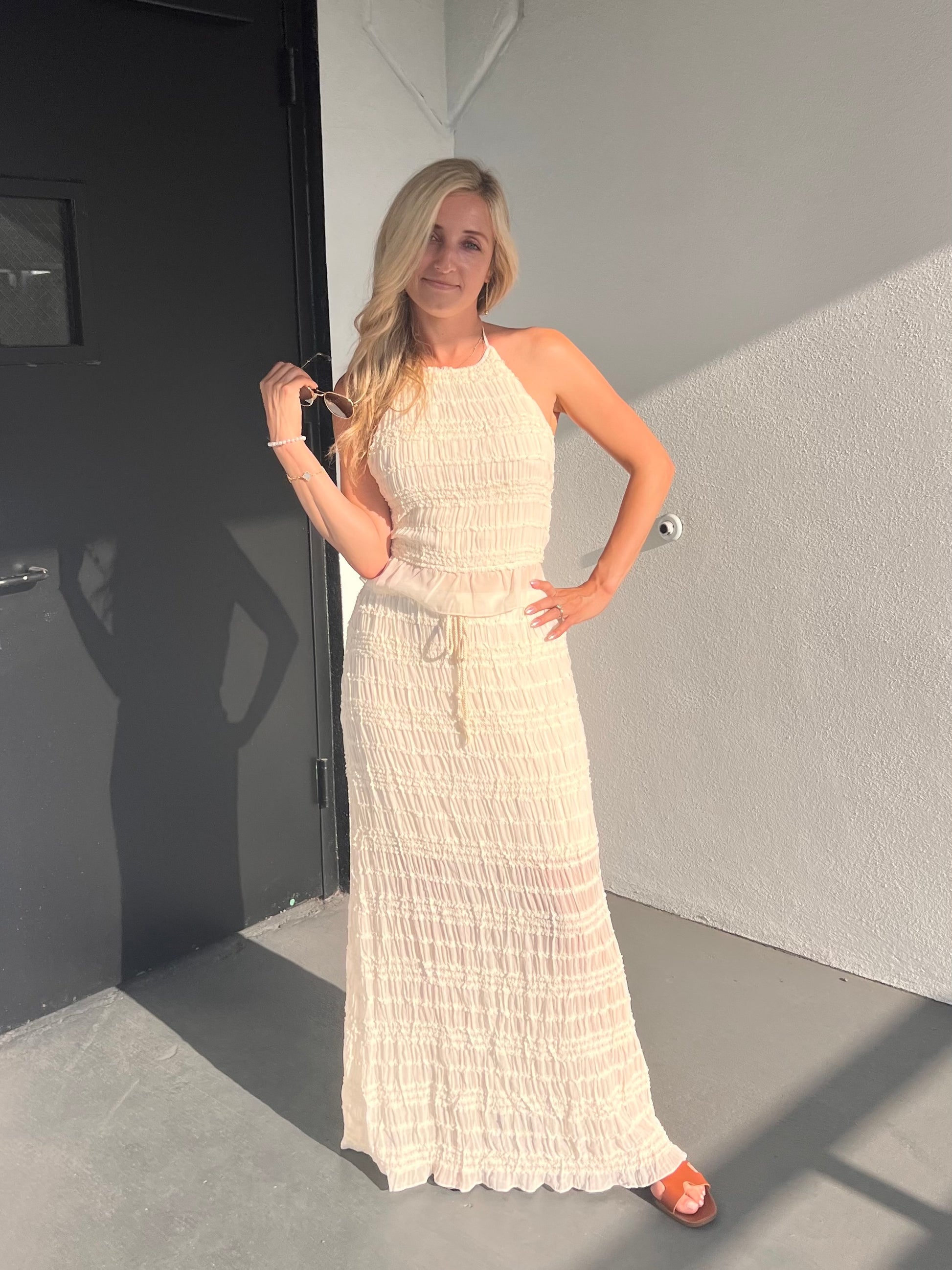 WILLOW OPEN BACK HALTER TOP & MAXI SKIRT SET IN CREAM