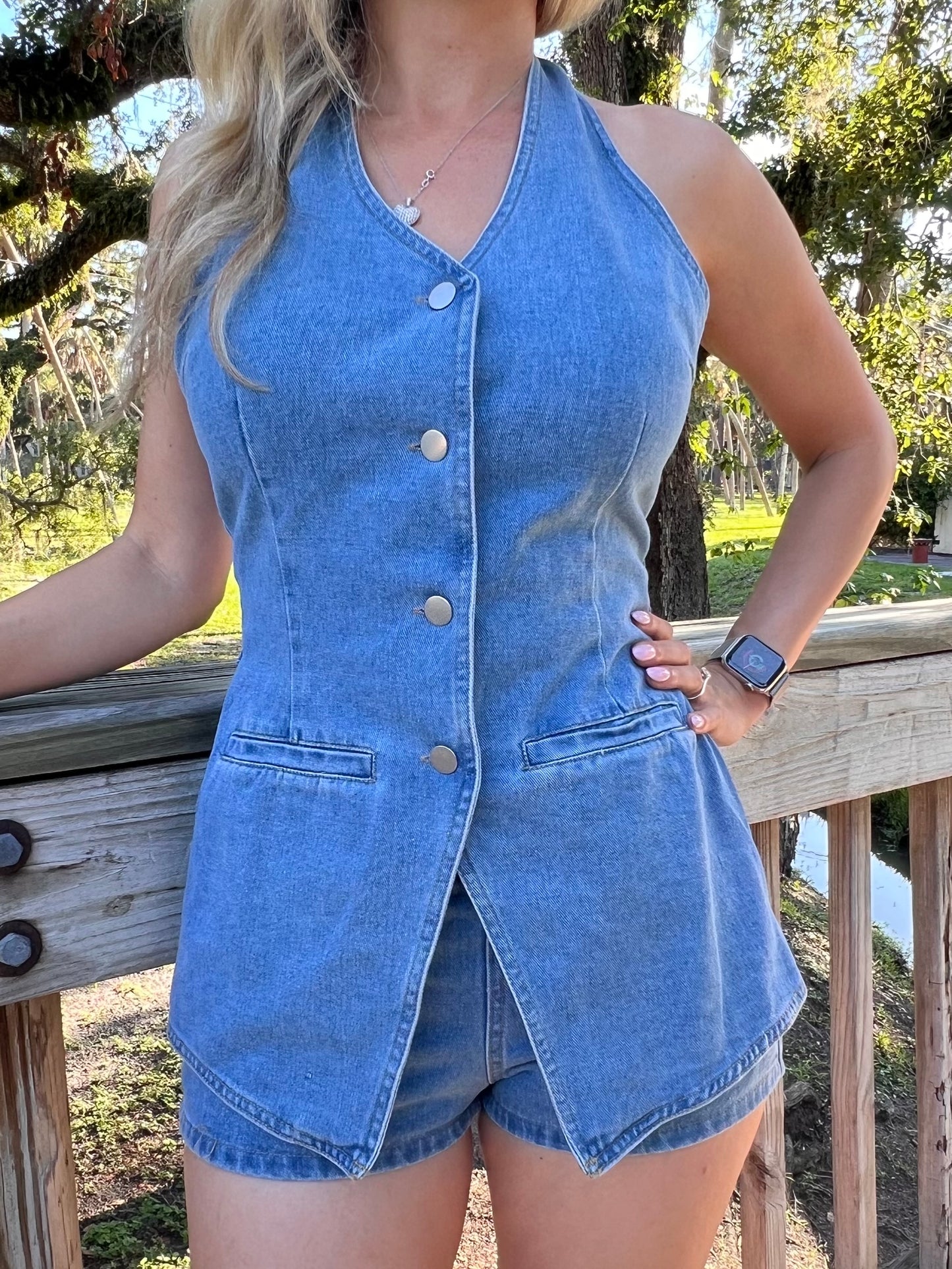 Aspen Vest Style Romper in Denim