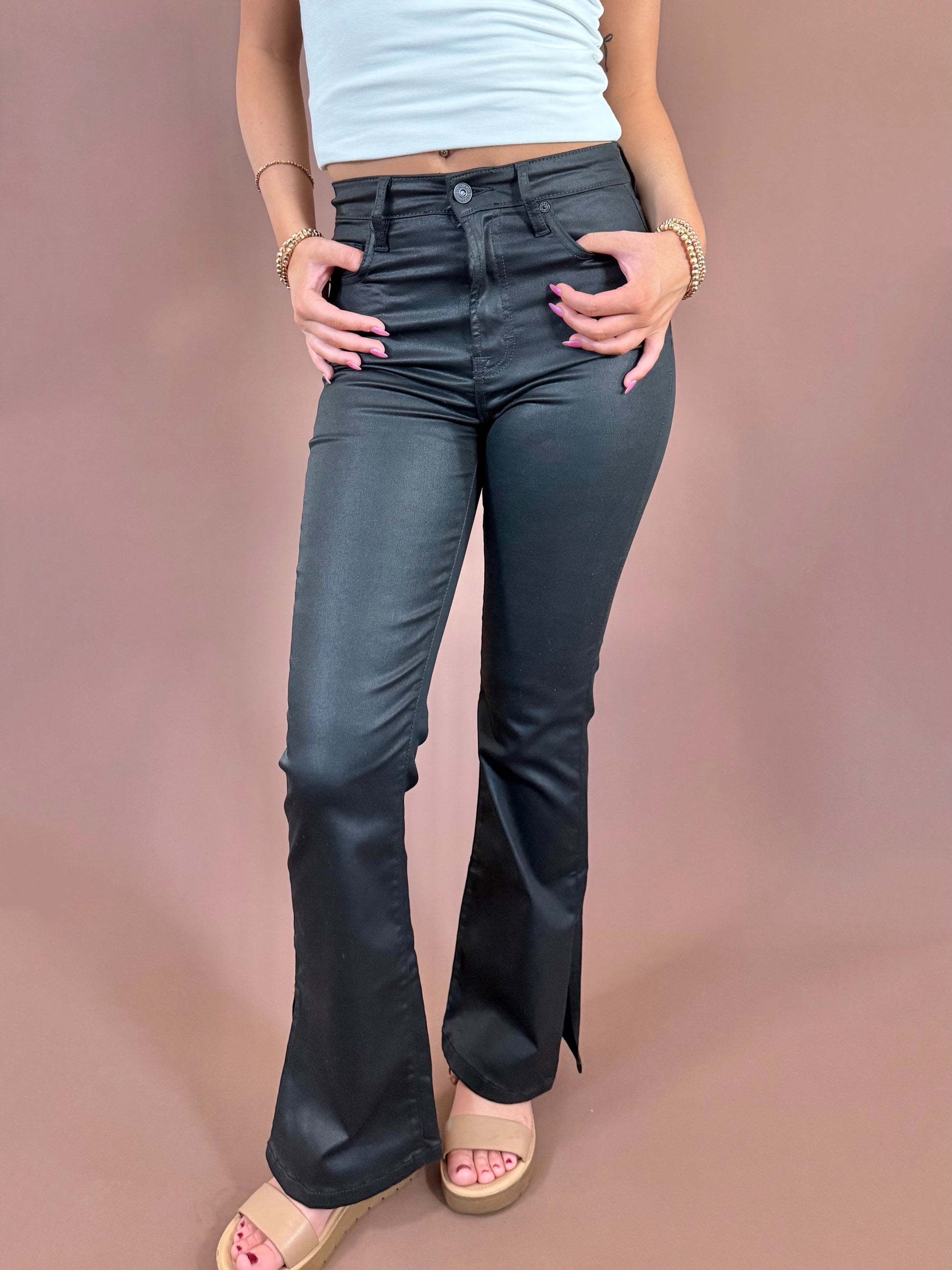 Halsey Bootcut Coated High Waist Jeans in Black