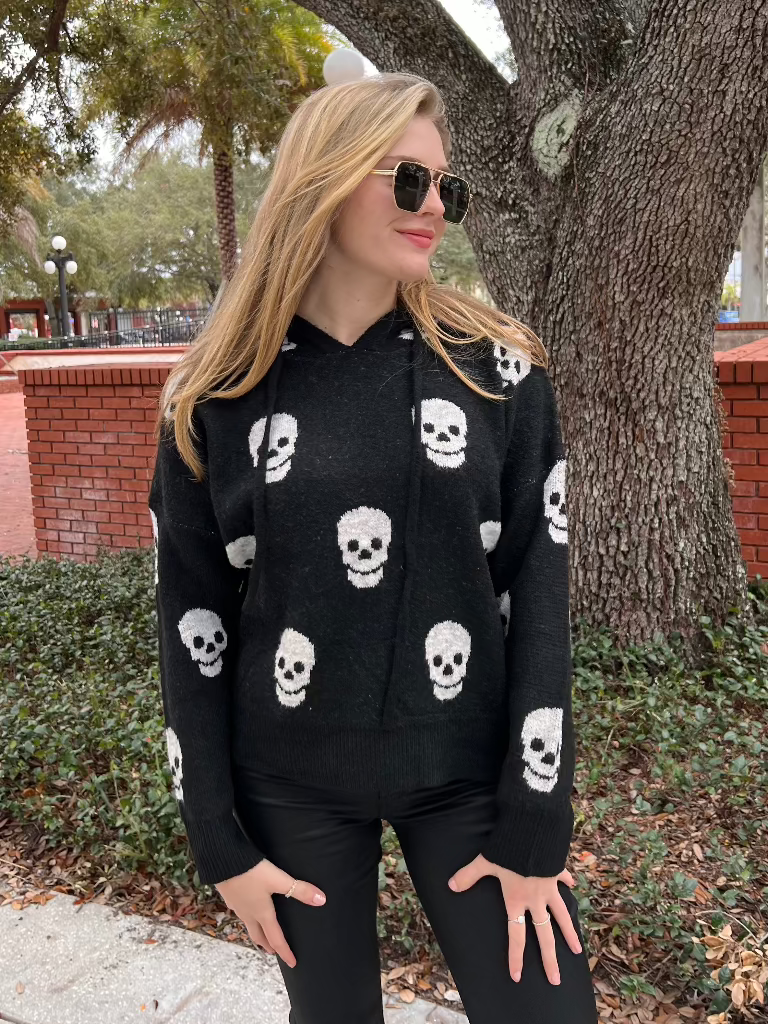 Pirate Black Sweater Hoodie with White Skulls