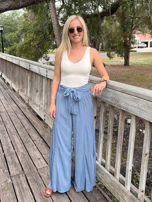Delaney Front Tie Palazzo Pants in Blue & Lana V-Neck Tank Top in White
