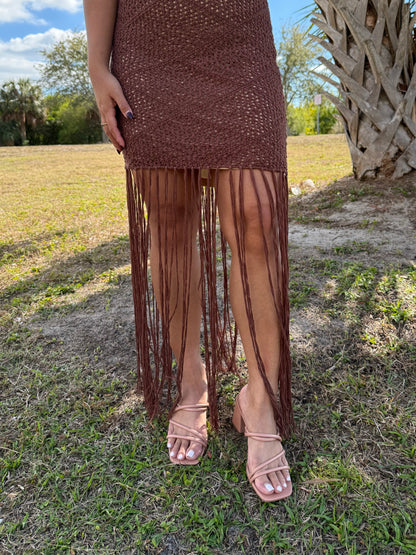 Sloane Fringe Knit Dress in Chocolate Brown