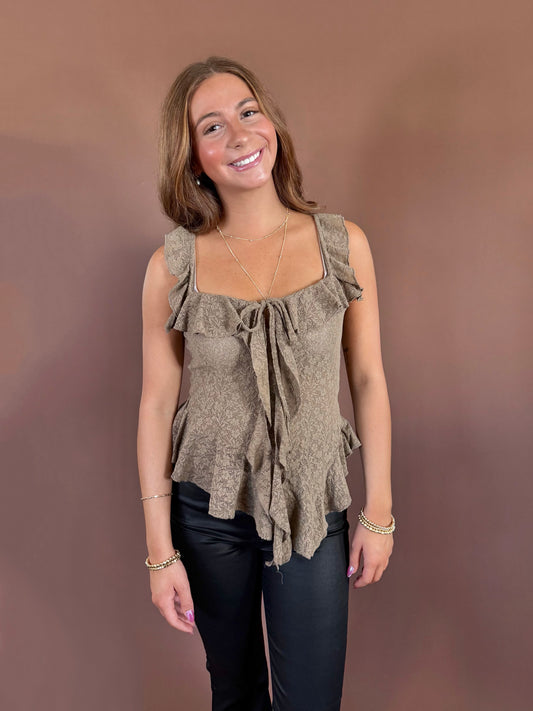 Cierra Asymmetrical Ruffle Sleeveless Lace Tank in Brown