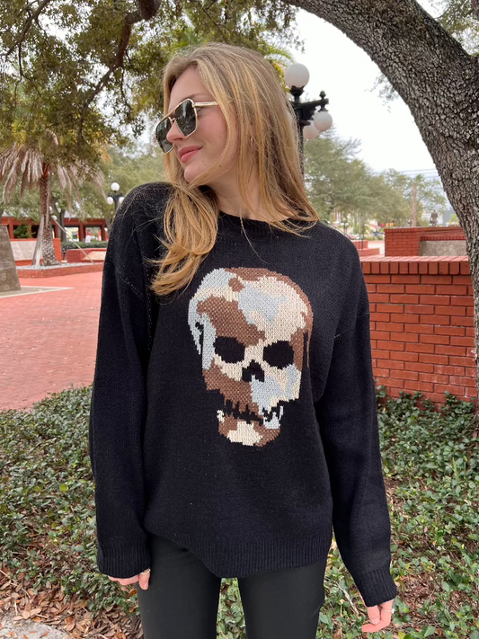 Carver Black Sweater with Camo Skull Graphic Detail