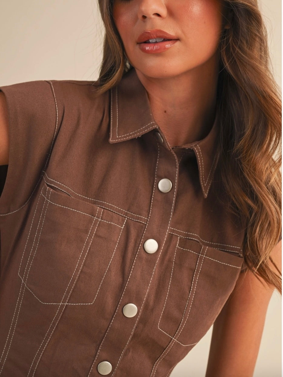 Quinn Drop Waist Sleeveless Romper in Brown