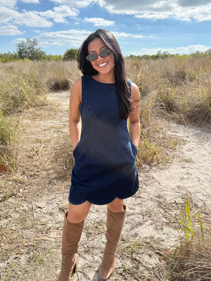 Marley Sleeveless Scalloped Mini Dress in Dark Denim