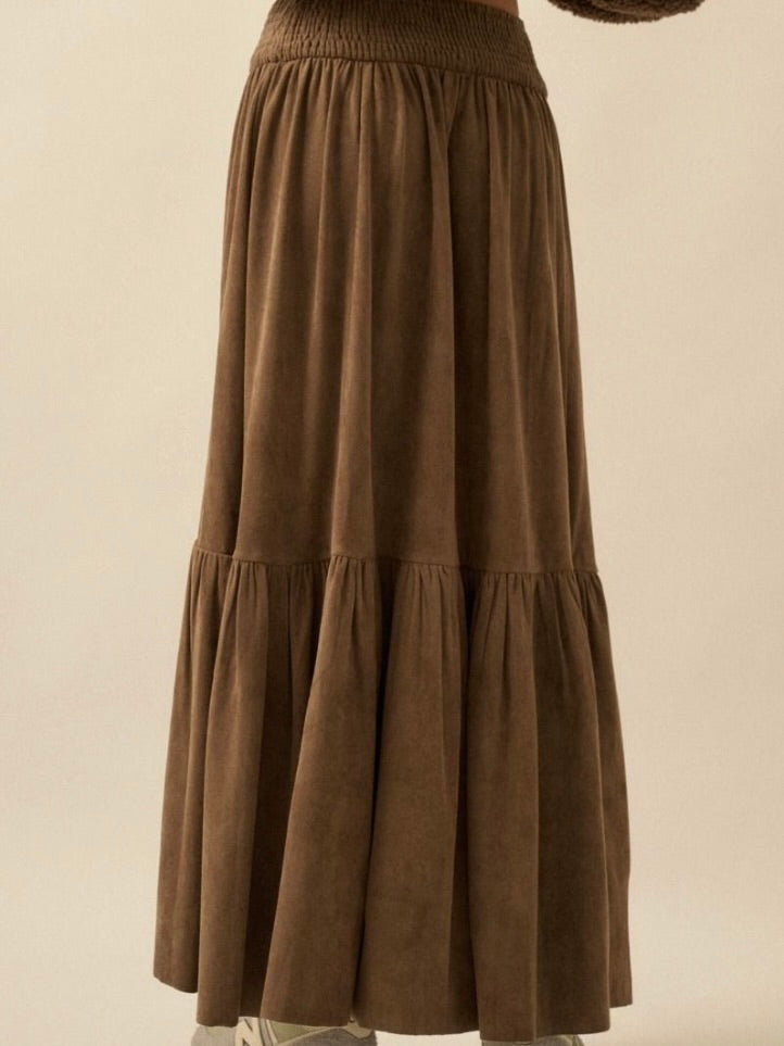 Aria Suede High-Low Maxi Skirt in Espresso Brown
