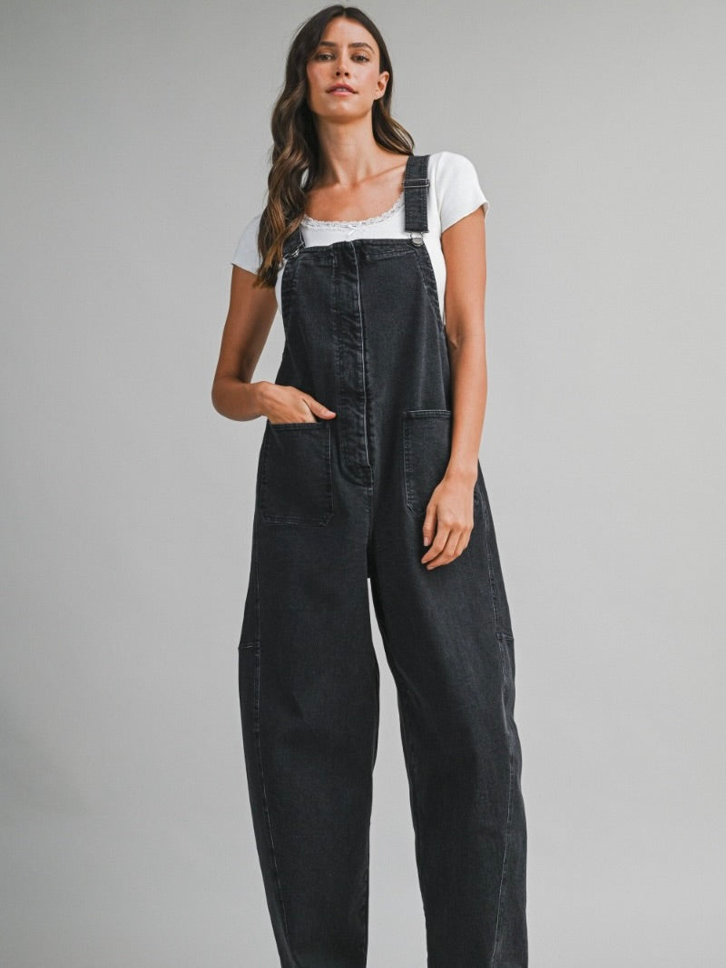 Shiloh Barrel Overalls in Black Denim