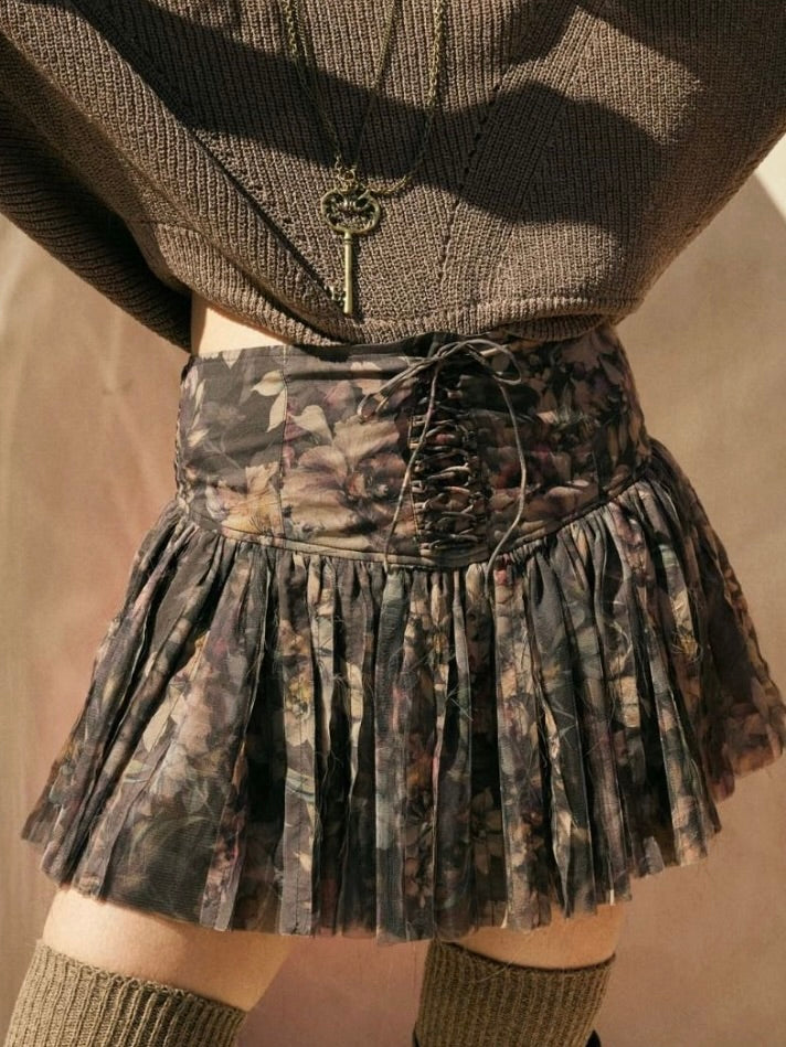 Jenny Drop Waist Pleated Mini Skort in Brown Floral