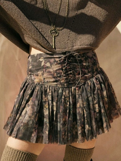 Jenny Drop Waist Pleated Mini Skort in Brown Floral