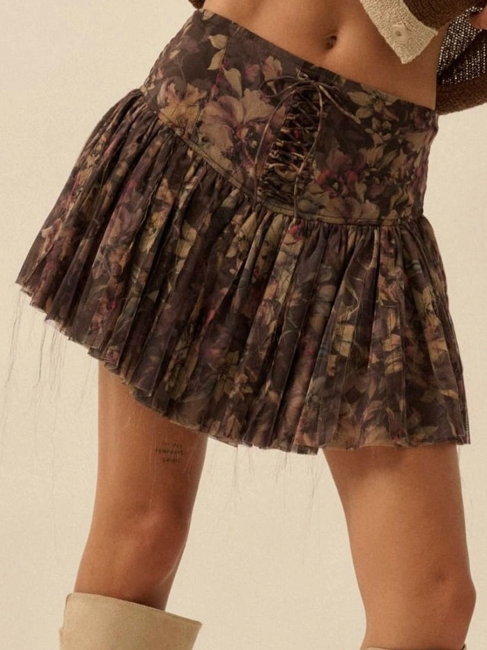 Jenny Drop Waist Pleated Mini Skort in Brown Floral
