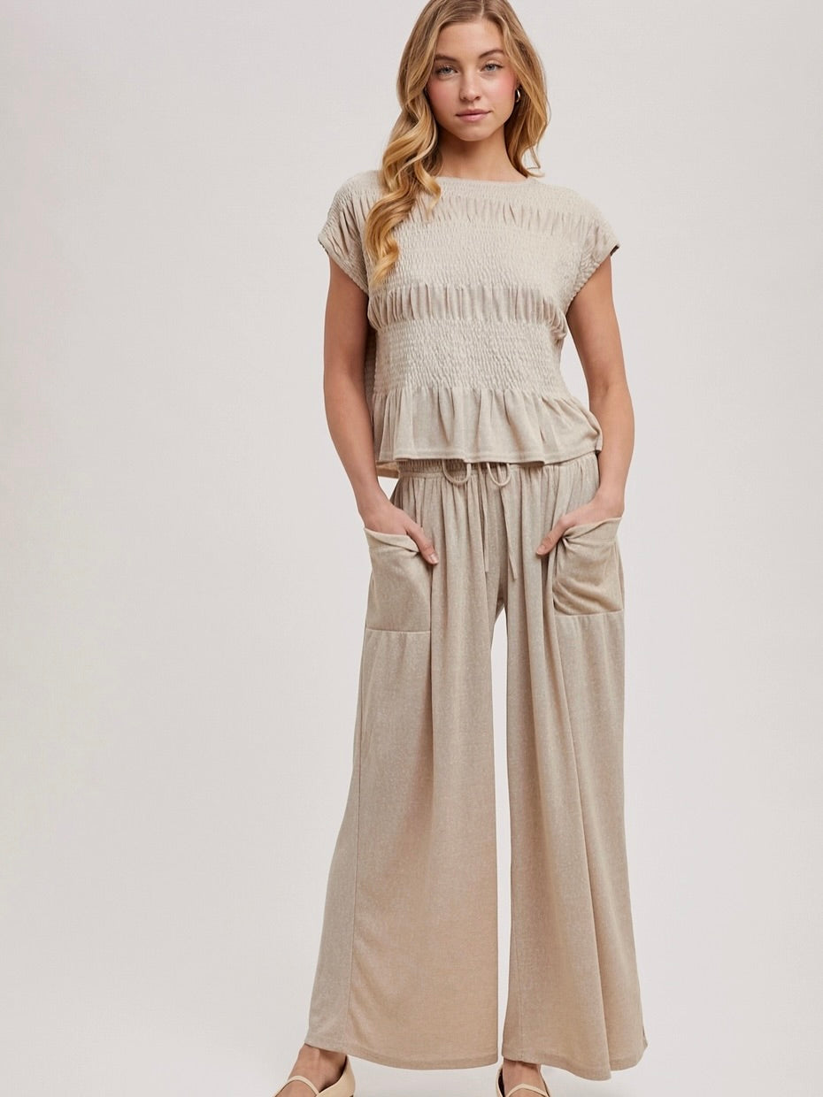 Willa Wide Leg Elastic Pants in Beige