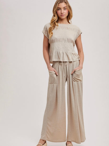 Willa Wide Leg Elastic Pants in Beige
