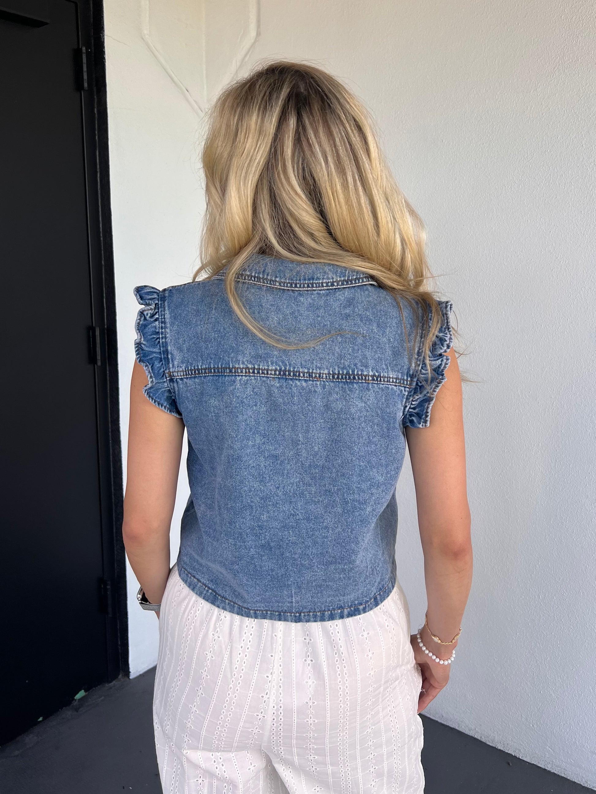 Elena Sleeveless Ruffle Vest in Denim