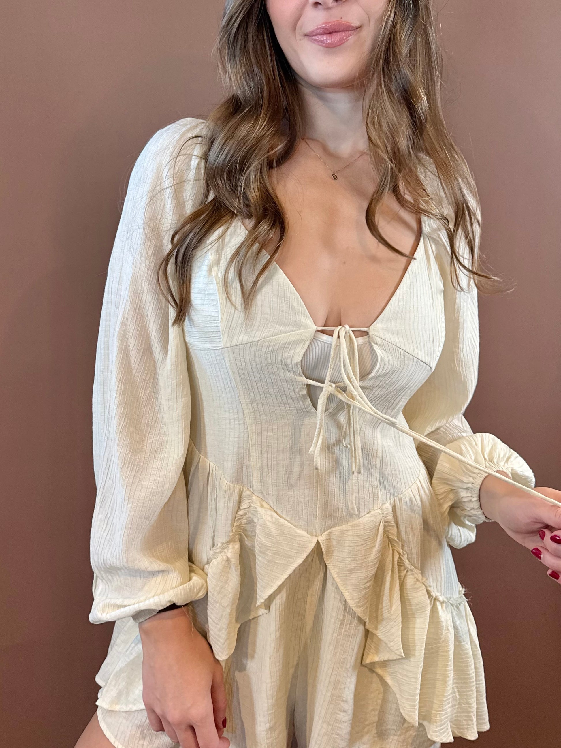 Gemma Long Sleeve Peasant Ruffle Romper in Oatmeal