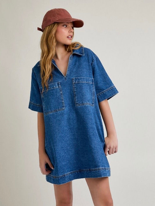 Julian Short Sleeve Shift Dress in Denim