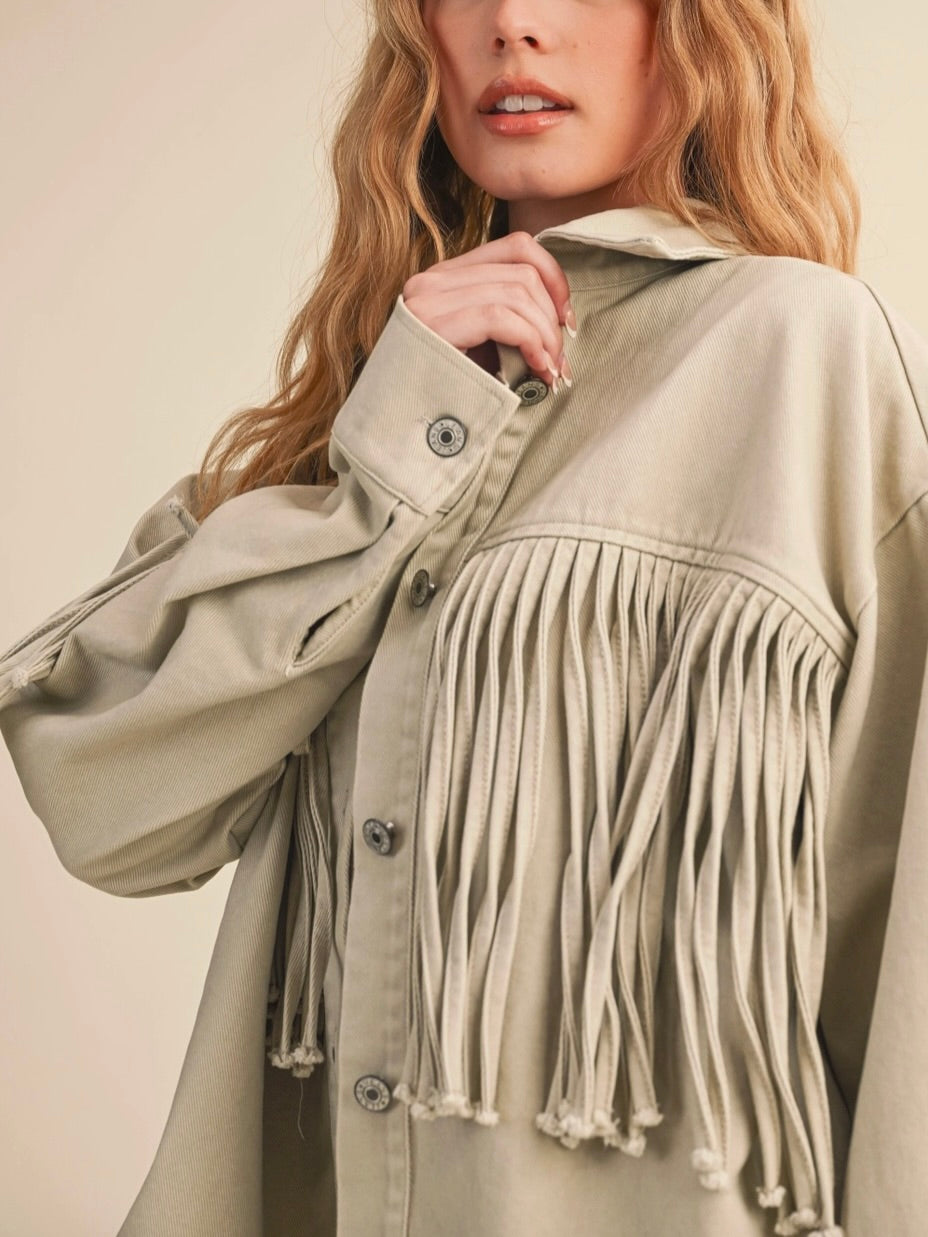 Asher Oversized Fringe Denim Jacket in Sand